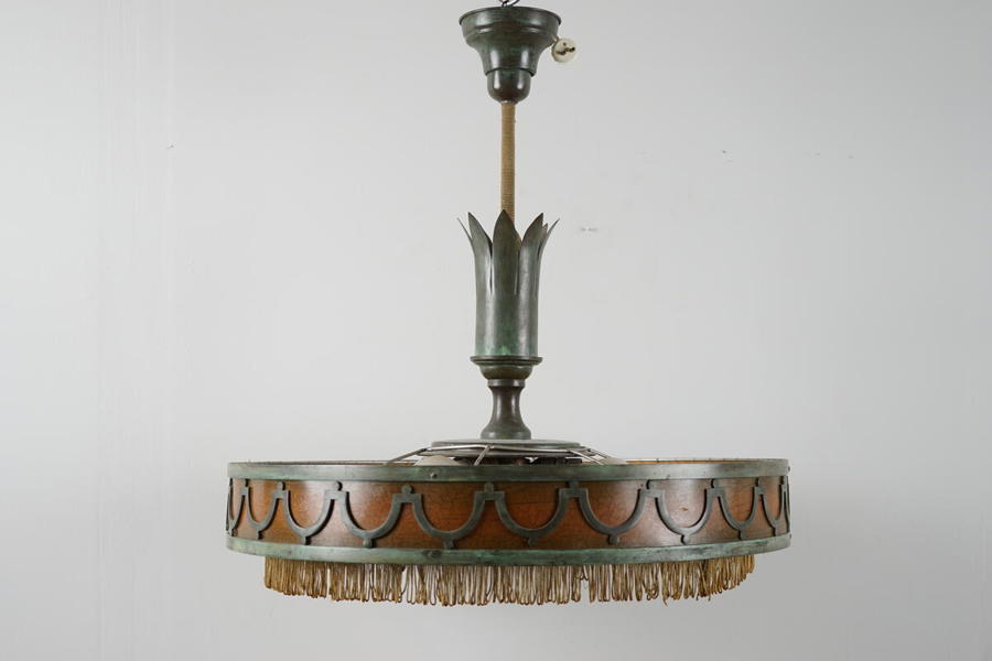 Taklampa, 3 ljuskällor, brons/glas, art deco, 1920/30-tal.