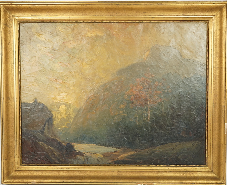 Frederick James Hackman, "Millrace & Mount", olja på duk, signerad.