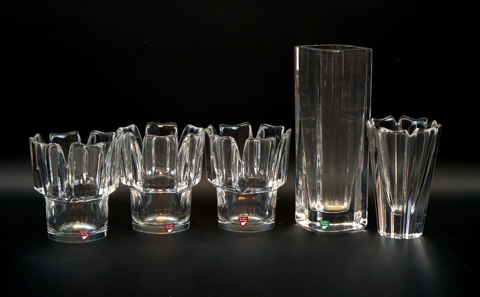 Vaser, 5 st, glas, Orrefors, bl.a ''Corona'', Lars Hellsten.