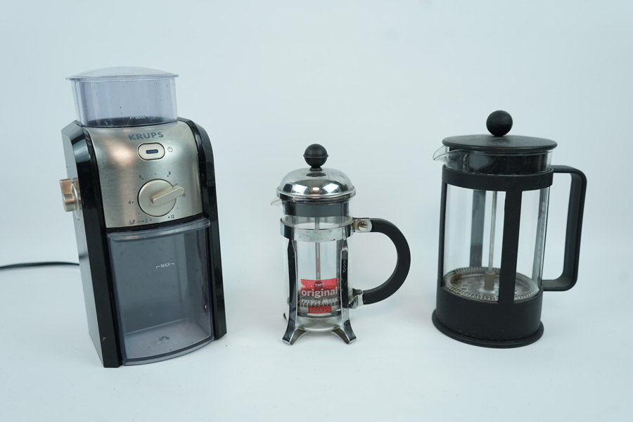 Kaffekvarn och kaffepressar, 3 delar, glas/metall/plast, Krups/Bodum.