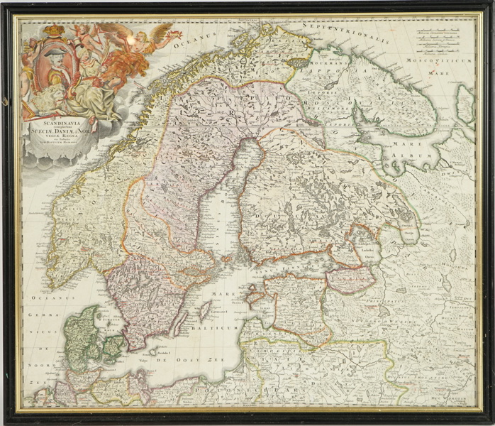 Karta över Skandinavien, Johann Baptistae Homanni, Scandinavia complectens Sueciae, Daniae, Norvegiae Regna.