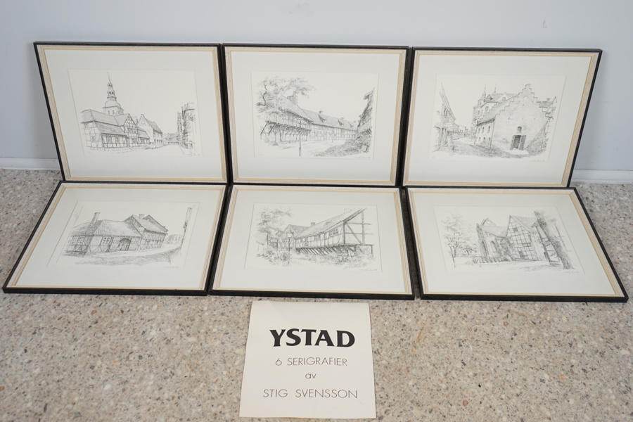 Stig Svensson, "Ystad", serigrafier, 6 st, numrerade 50/100, signerade, daterade -76.