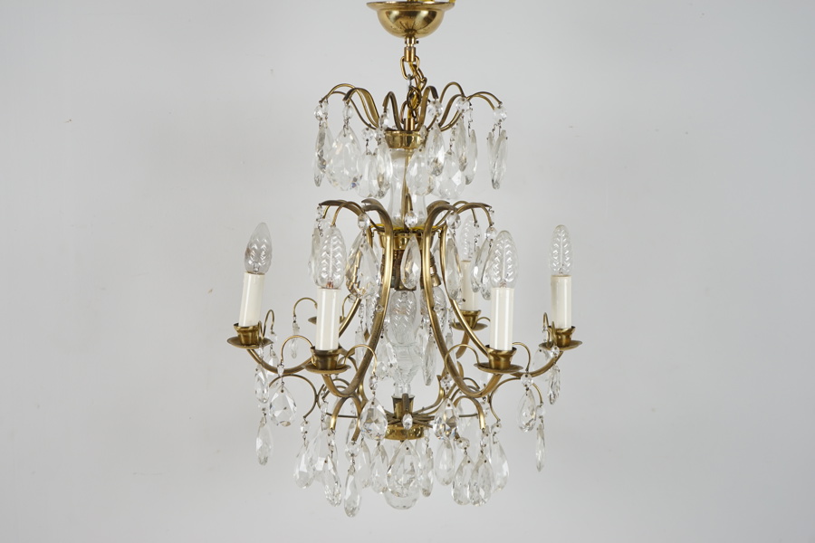 Taklampa, barockstil, 9 ljuskällor, mässing/glas, 1900-talets första hälft