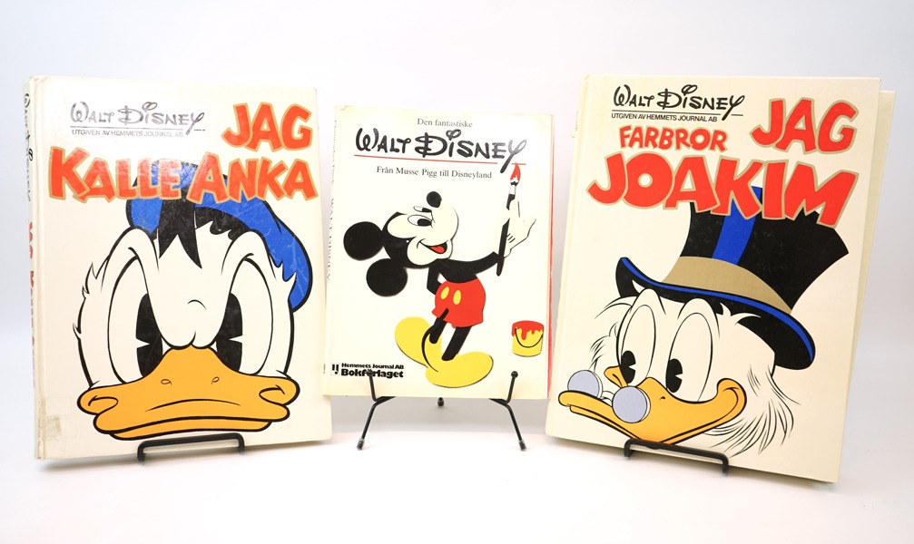 Böcker, 4 st, ''Jag farbror Joakim'', ''Jag Kalle Anka'', ''Walt Disney Från Musse Pigg till Disneyland'', Hemmets Jourrnal.