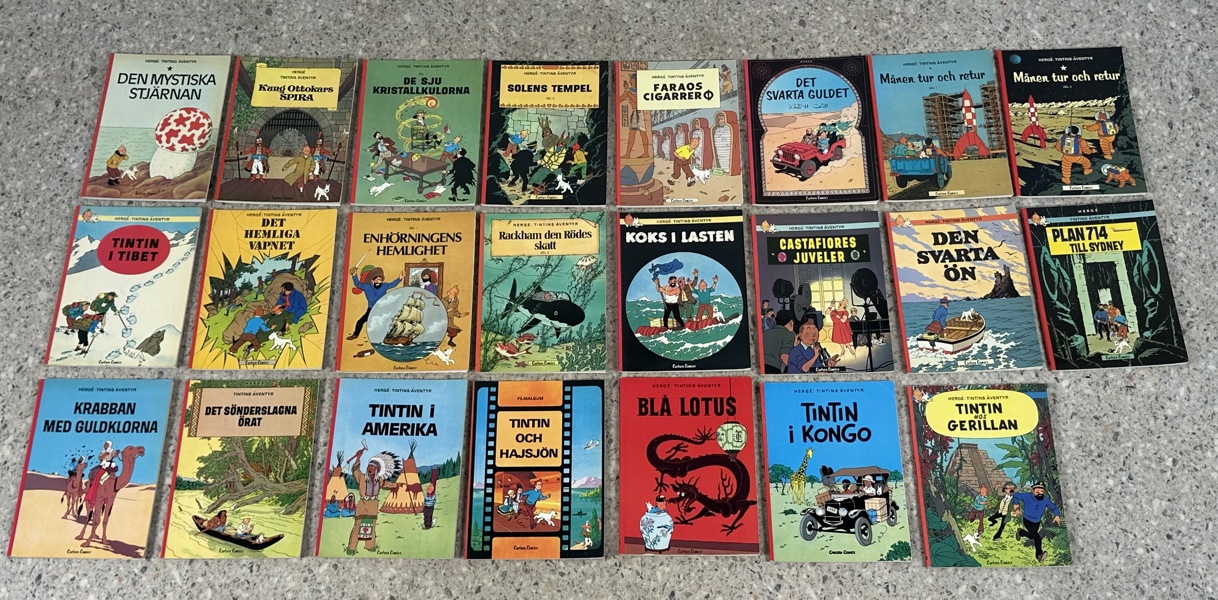 Tintin, seriealbum, 23 st, Hergé, 1 album första upplaga (Blå Lotus).