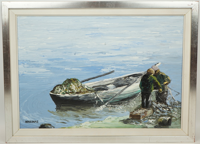 Boris Ninemae, "Nöjda fiskare", olja på duk, signerad.
