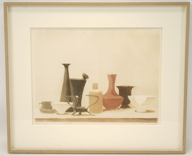 Louis Bastin, "Stilleben med röd vas", färgträsnitt, artist proof, signerad, daterad 1956.