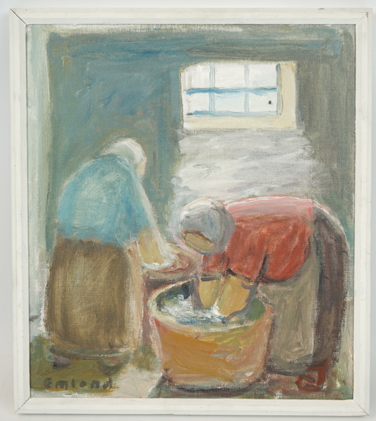Einar Emland, "Tvättstugan", olja på pannå, signerad.