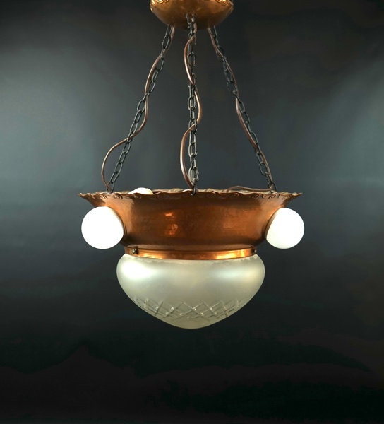 Taklampa, glas/koppar, jugend.