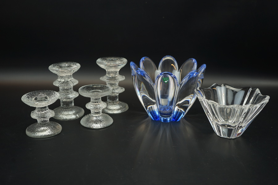 Ljusstakar och skålar, 6 delar, glas, bl.a "Festivo", Timo Sarpaneva, Iittala.