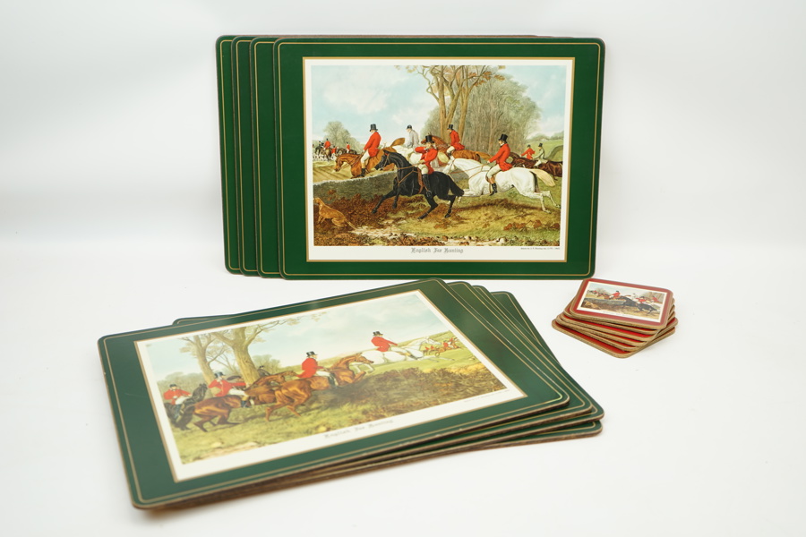 Bordstabletter och coasters, 8+6 st, "English Fox Hunting" efter J F Herring, England, Pimpernell.