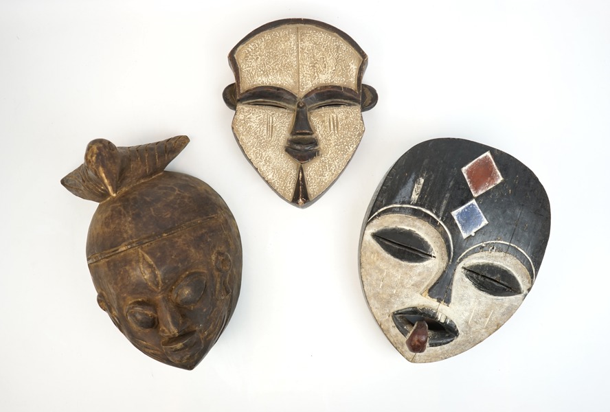Masker, 3 st, trä, Afrika.
