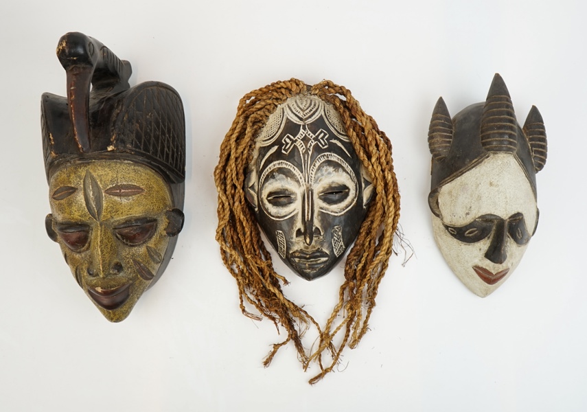 Masker, 3 st, trä, Afrika.