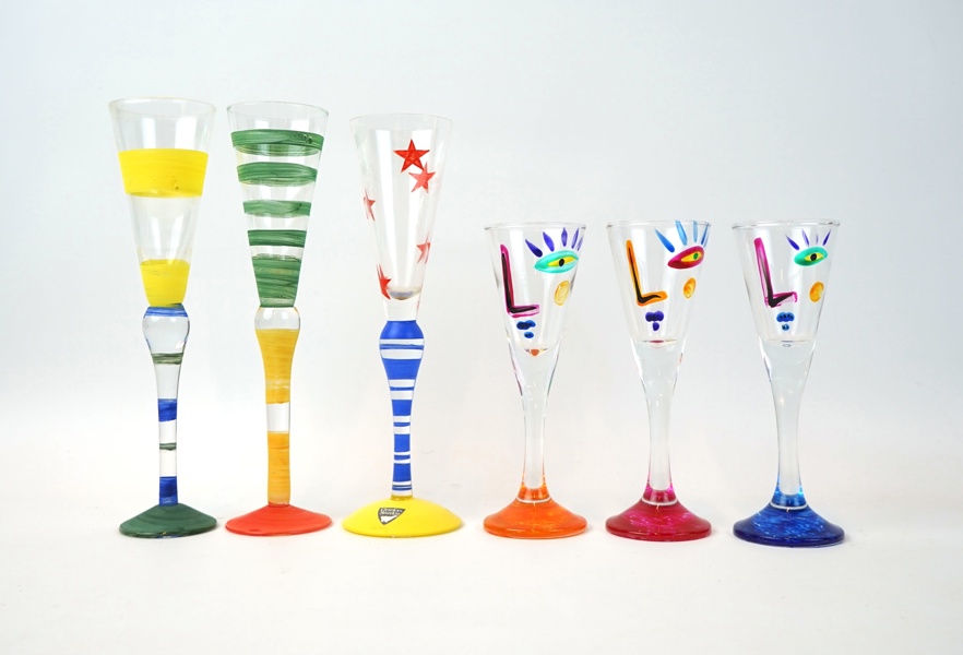 Snapsglas, 6 st, bl.a Anne Nilsson, ''Clown'', Orrefors.