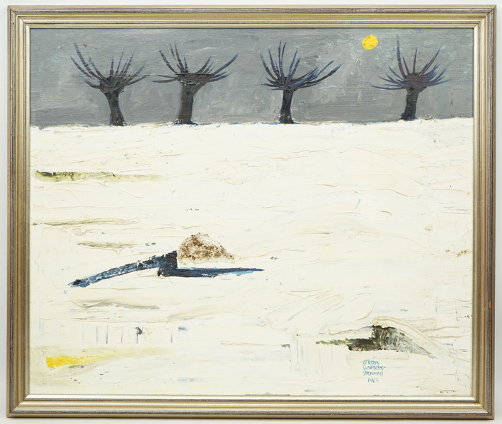 Kerstin Lundberg-Stenman, "Vinterlandskap med 4 pileträd", olja på pannå, signerad, daterad 1967.