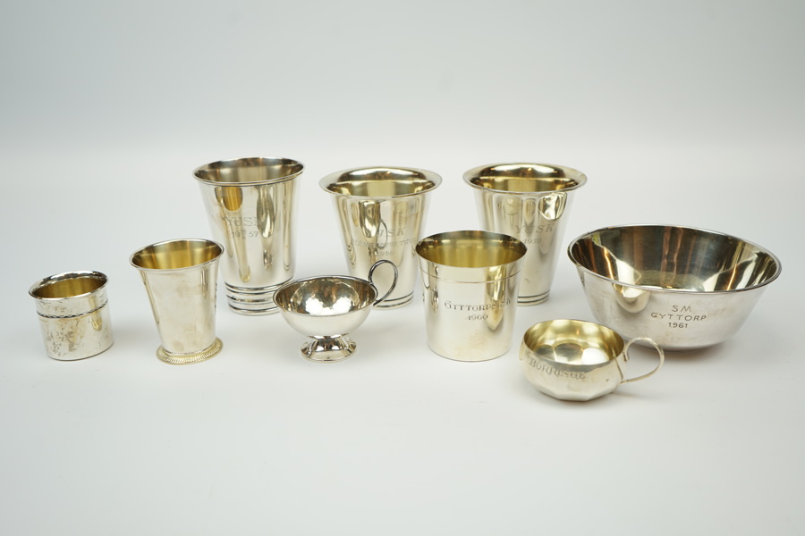 Bägare m.m, 9 st, silver, bl.a Lennart Råström, CGR, 1975.
