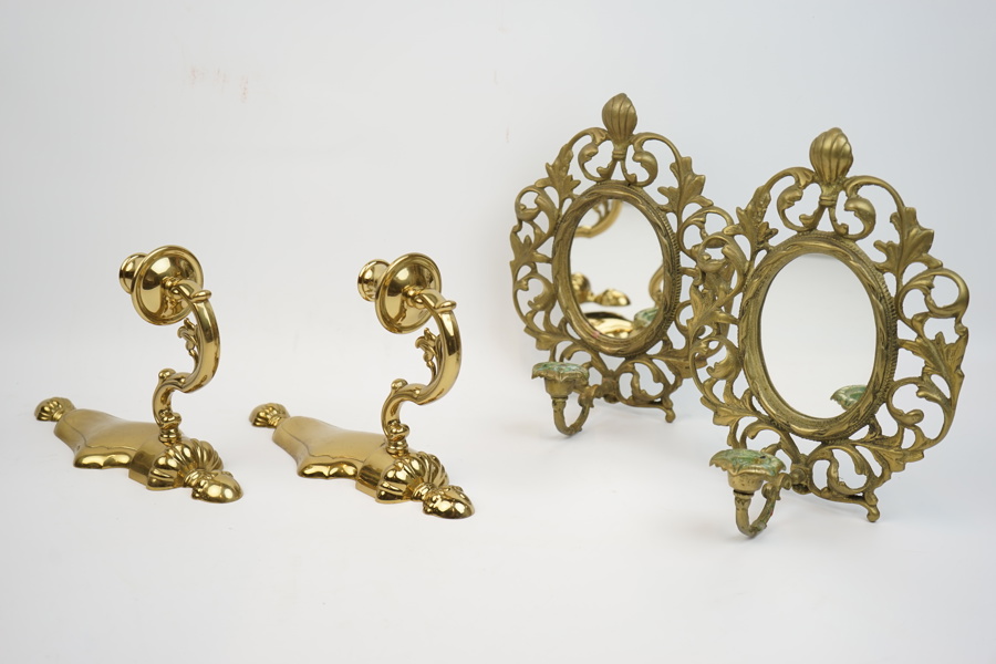 Spegel- och vägglampetter, 2 par, mässing, 1900-tal.
