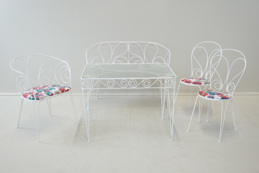 Trädgårdsgrupp, 5 delar, metall/glas/textil, 1950/60-tal.