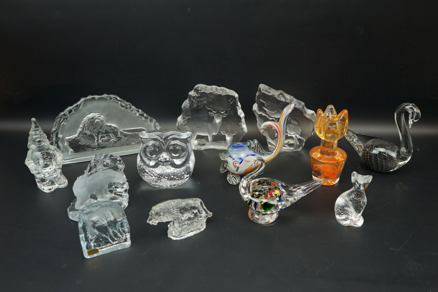 Figuriner m.m, 13 delar, glas, bl.a Ronneby och Ture Berglund, Stockholms Glasbruk.