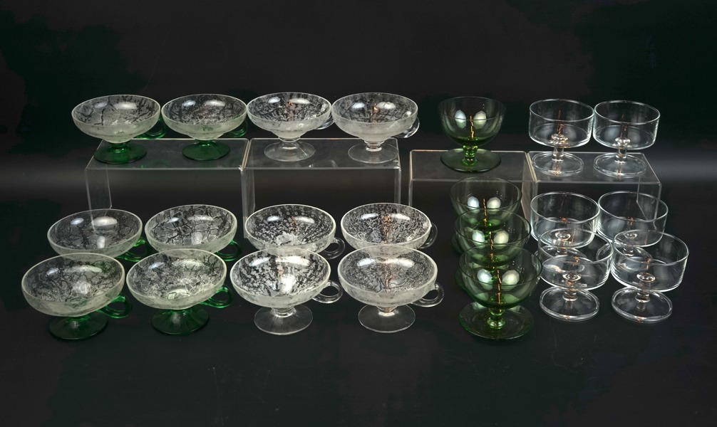 Dessertskålar/coupeglas, 22 delar, 4 modeller, glas, bl.a Johansfors.