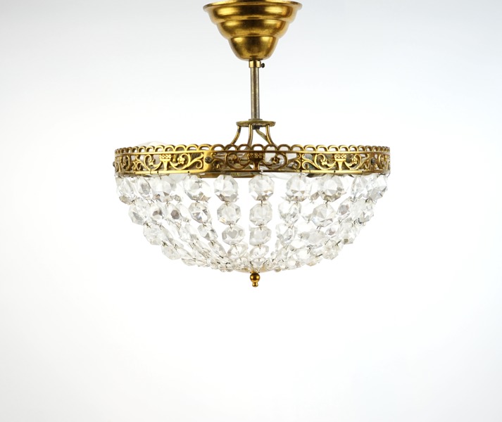 Takplafond, 5 ljuspunkter, mässing/glas, 1900-talets anda hälft.