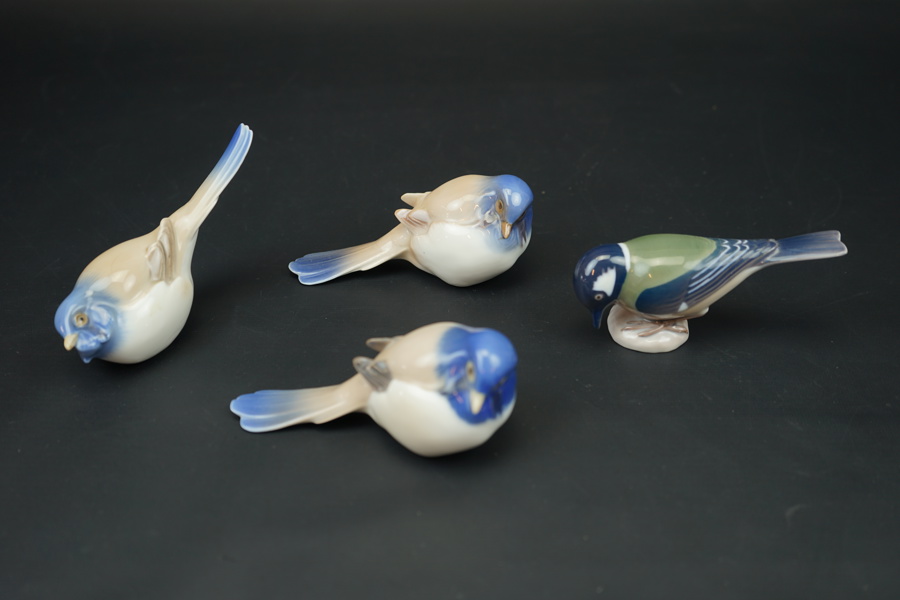 Figuriner, 4 st, fåglar, porslin, Bing & Gröndahl.