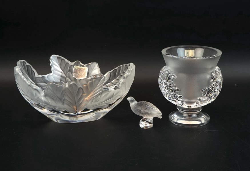 Skål, vas och figurin, glas, Lalique, Frankrike.