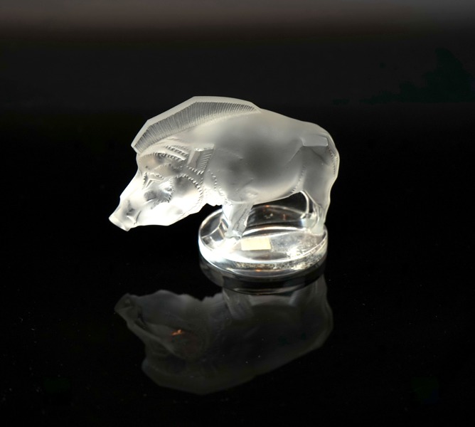 Figurin, glas, vildsvin, Lalique, Frankrike.