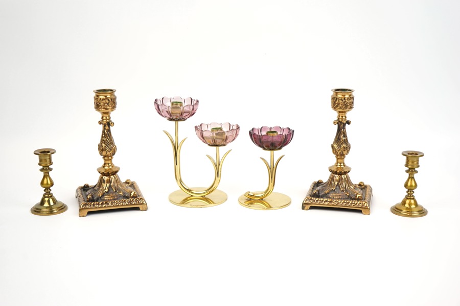 Ljusstakar, 6 st, mässing/glas, bl.a Gunnar Ander, Ystad-Metall.