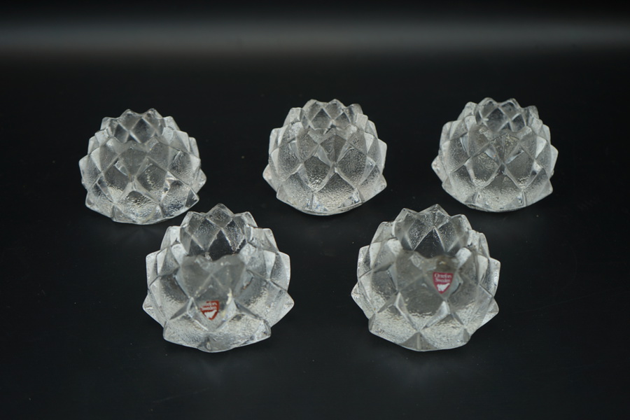 Berit Johansson, ljuslyktor, 5 st, glas, "Nimbus Kotten", Orrefors.