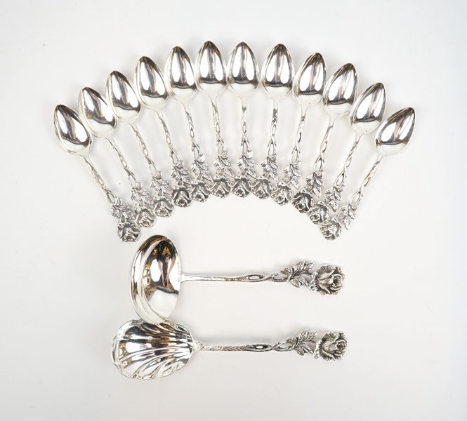 Kaffeskedar m.m, 14 delar, silver, ''Rosen'', Gewe.