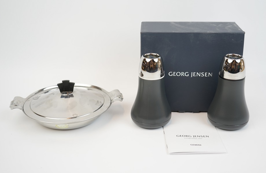 Ströare och skål med lock, 3 delar, rostfritt stål, ''Gemini'', Georg Jensen och Gense.