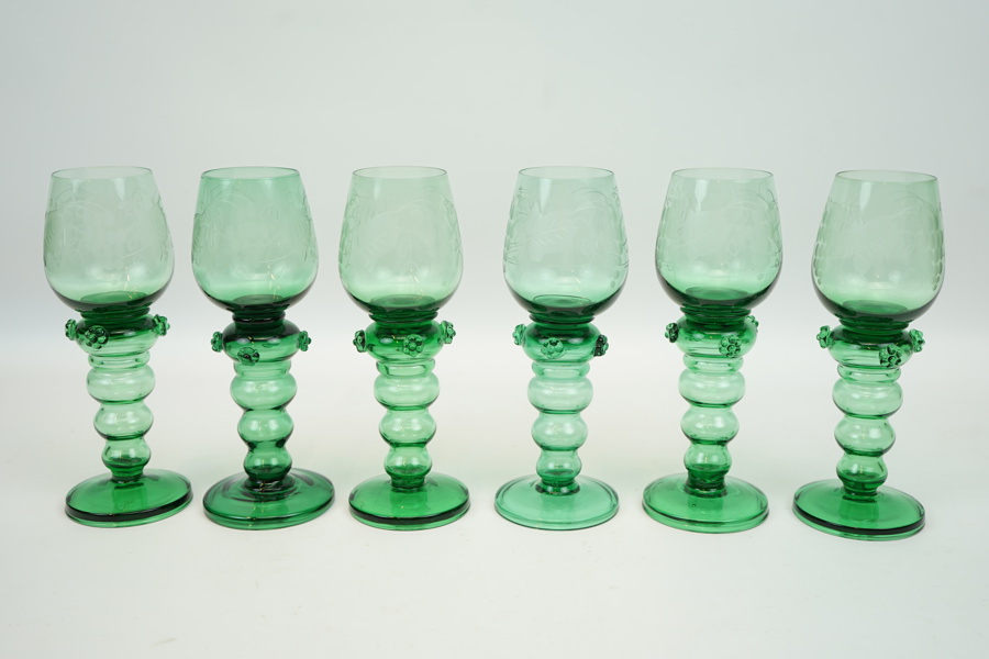 Remmare, 6 st, grönt glas, Gullaskruf, 1900-tal.