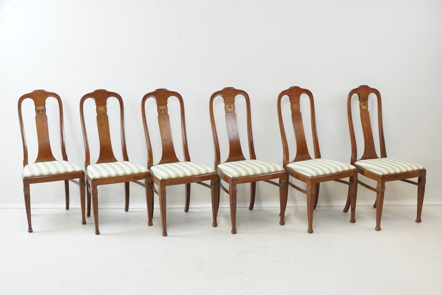 Stolar, 6 st, mahogny/textil, senjugend, 1900-talets första del.