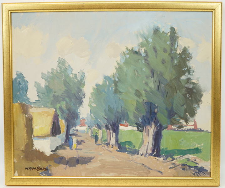 Axel Hamborn, "Vid en gård, Vemmenhög", olja på pannå, signerad.