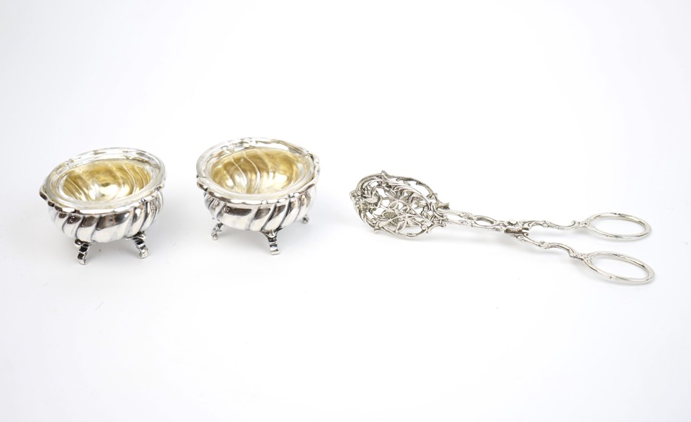Tång och saltkar, 3 delar, silver/glas.
