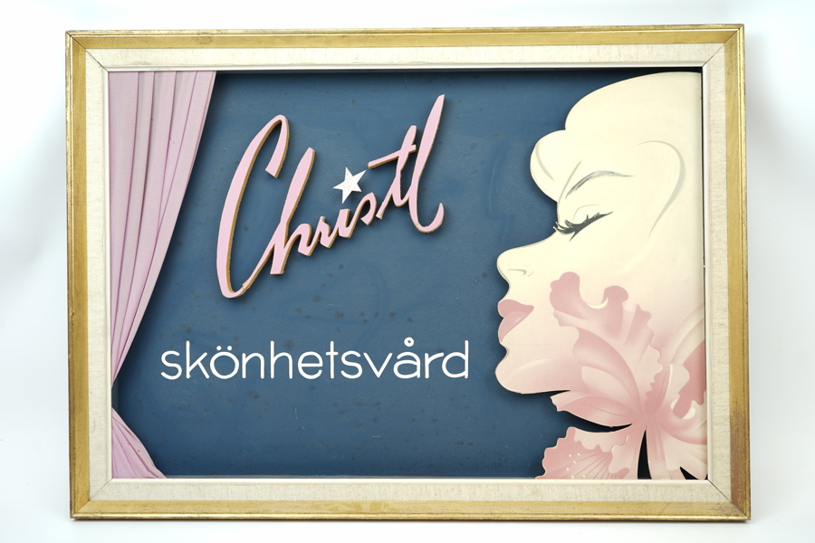 Reklamtavla, "Christl skönhetsvård", olika material.