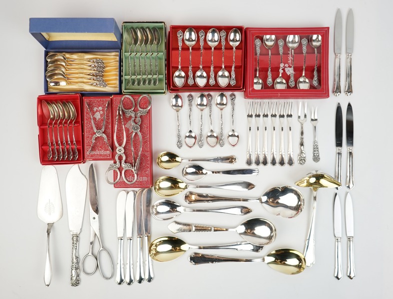 Bestickservisdelar, ett parti, nysilver, olika modeller, bl.a "Amsterdam", Nilsjohan.
