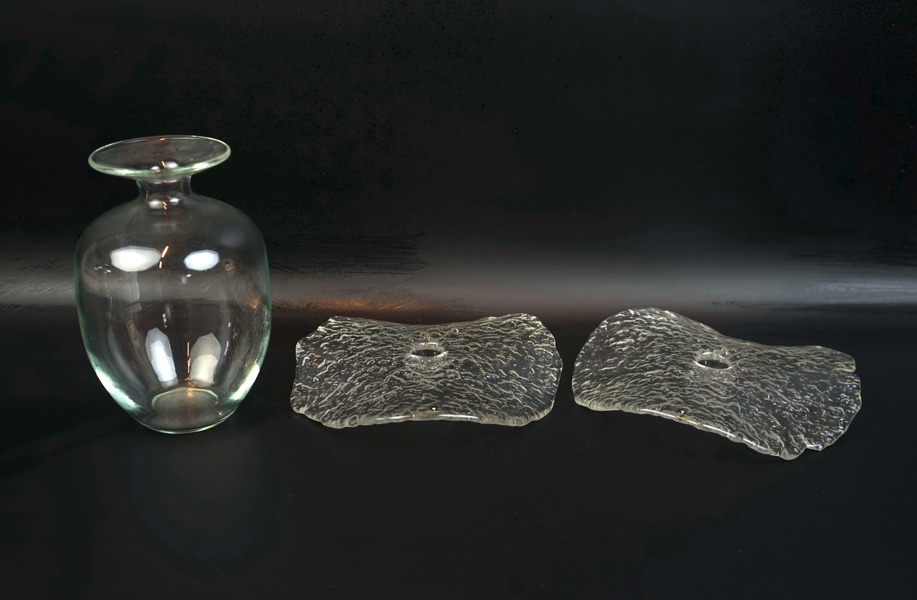 Vas och ljusstakar, 3 delar, glas, Monica Bratt och Uno Westerberg, ''Manet'', Pukeberg.