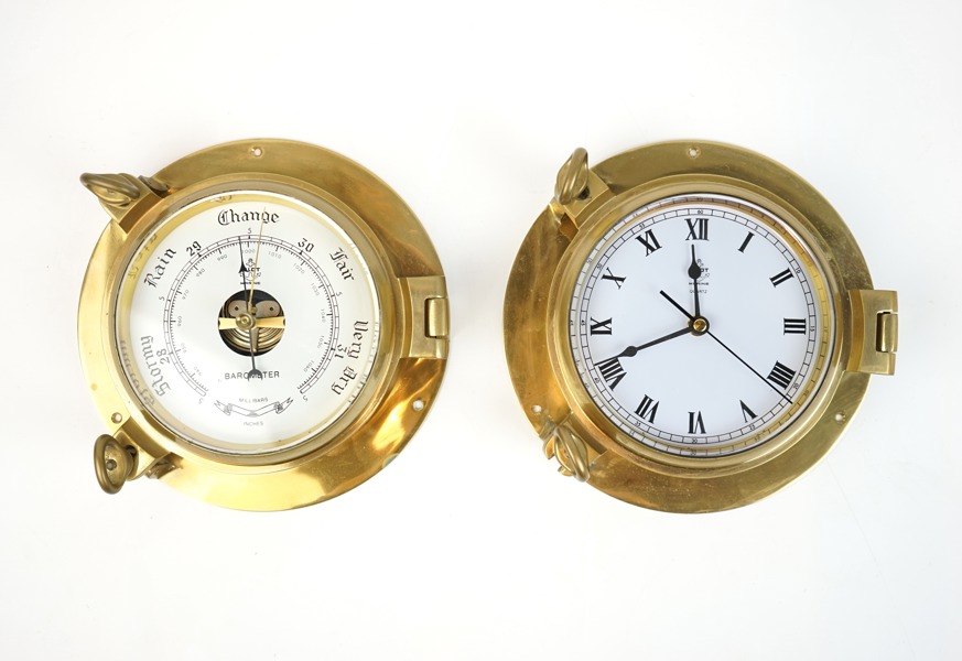 Barometer och klocka, mässing, Pilot Marine.