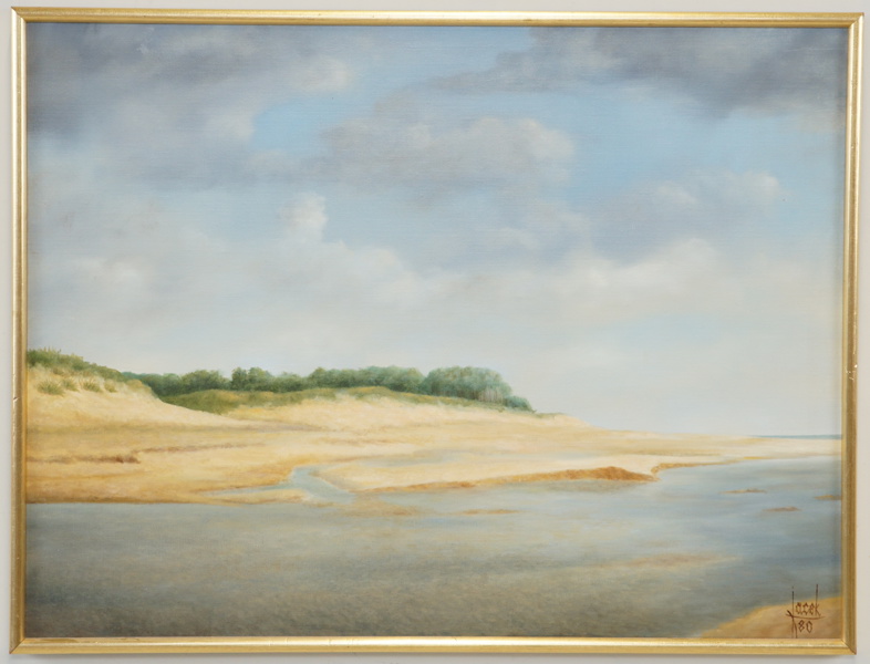 Jacek Mieliwodski, "Backåkrastrand", olja på duk, signerad, daterad 80.