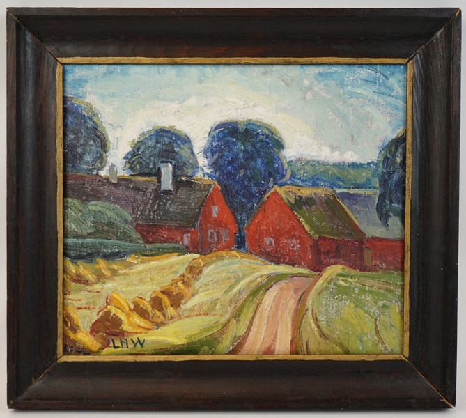 Lilly Hulthén Westergren, ''Gammelgården i Foresta'', olja på duk, monogramsignerad LHW.