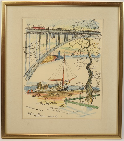 Stig Sasen, ''Västerbron'', blandteknik, signerad.