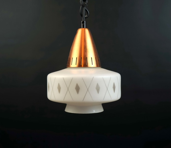 Taklampa, koppar/glas.