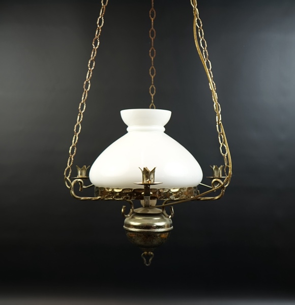 Elektrifierad takfotogenlampa, mässing/glas.