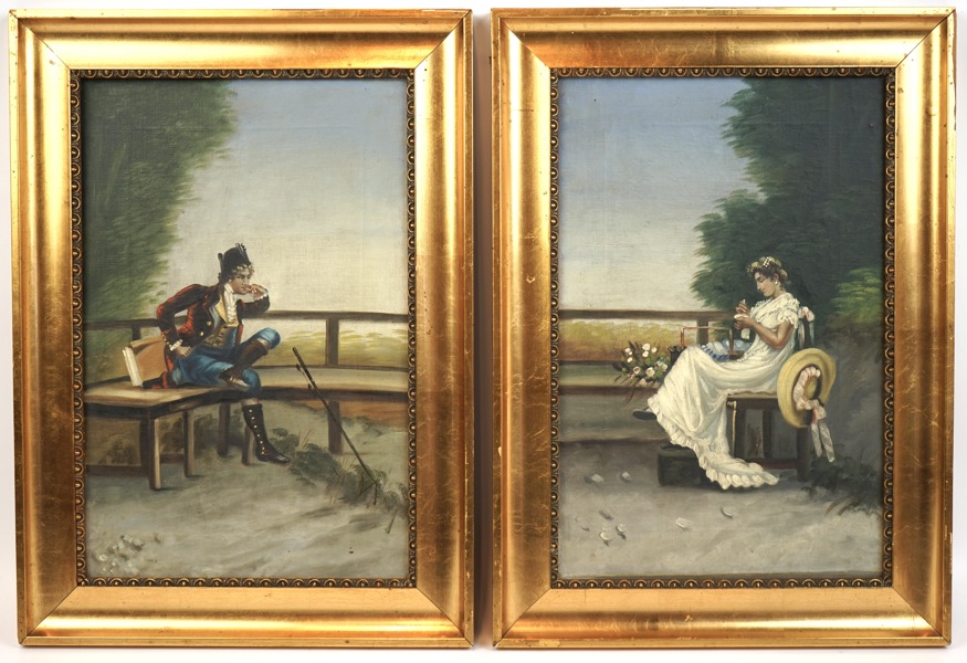 Oidentifierad konstnär, olja på duk, 2 st, osignerade, 1800/1900-tal.