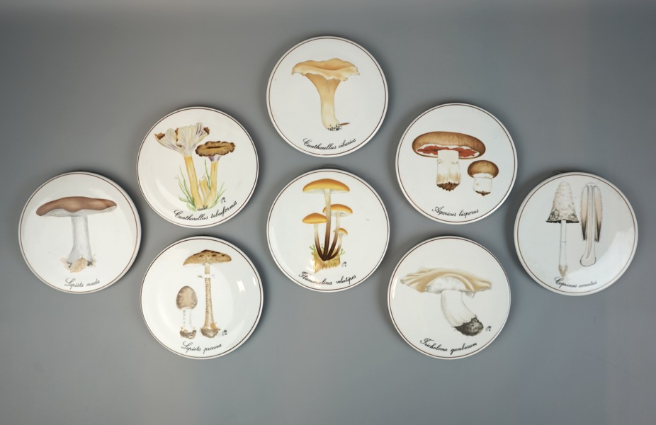 Väggplaketter, 8 delar, porslin, svampmotiv, Bing & Gröndahl, Danmark.