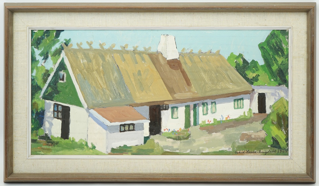 Astrid Harms-Ringdahl, "Dag Hammarskjölds sommarhus", olja på duk, signerad, daterad 1962.