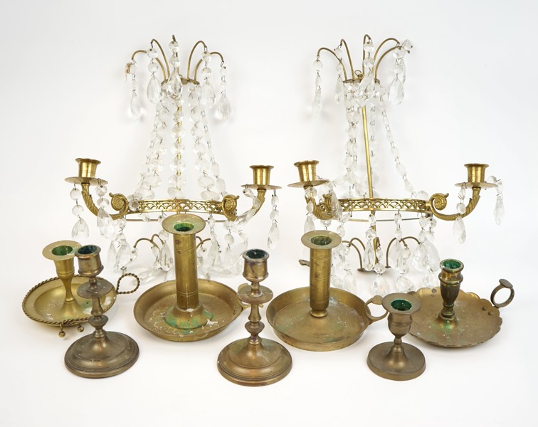 Ljusstakar och lampetter, 9 delar, mässing/glas.