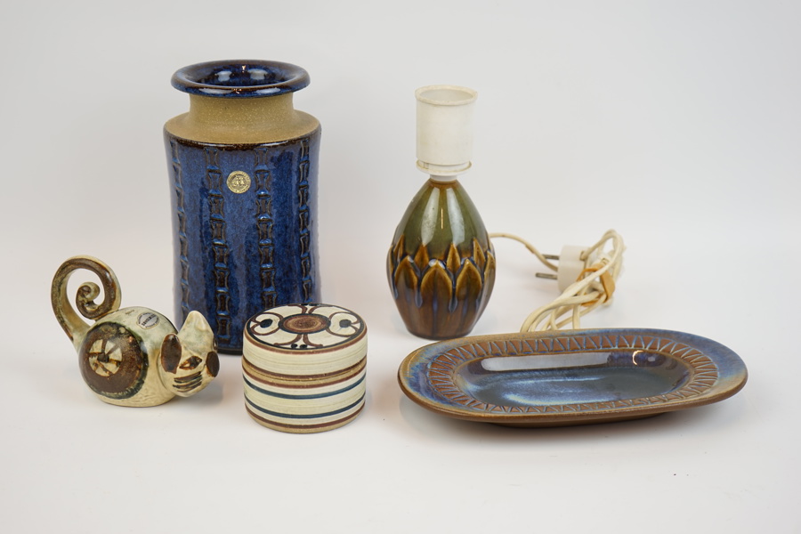 Vas, figurin, bordslampa m.m, 6 delar, stengods, Michael Andersen & Son och Söholm, Bornholm, Danmark.